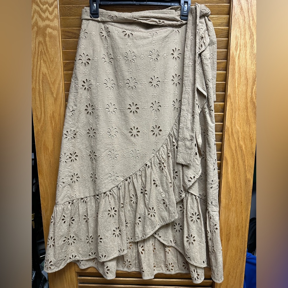 Ann Taylor Taupe Asymmetrical Eyelet Skirt